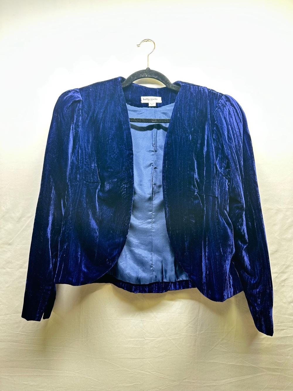 Bette Wacht Vintage Blue Velvet Open Front Jacket Rhinestone Pave Buttons